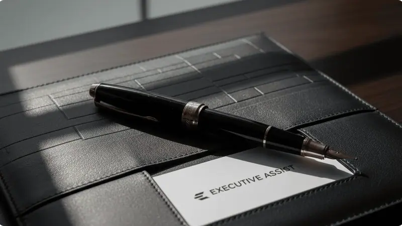 Black fountain pen resting on a leather document folder.